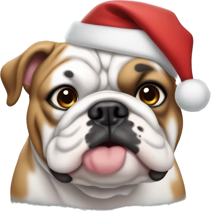 chubby english bulldog with white face and brown spots on his back wearing a christmas hat emoji