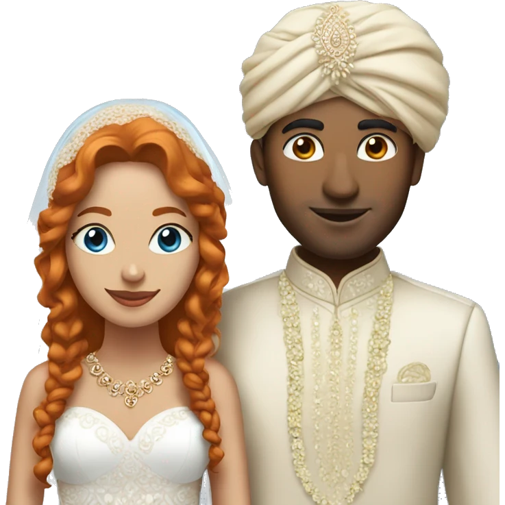 indian groom with a white skin bride with blue eyes and ginger hair emoji