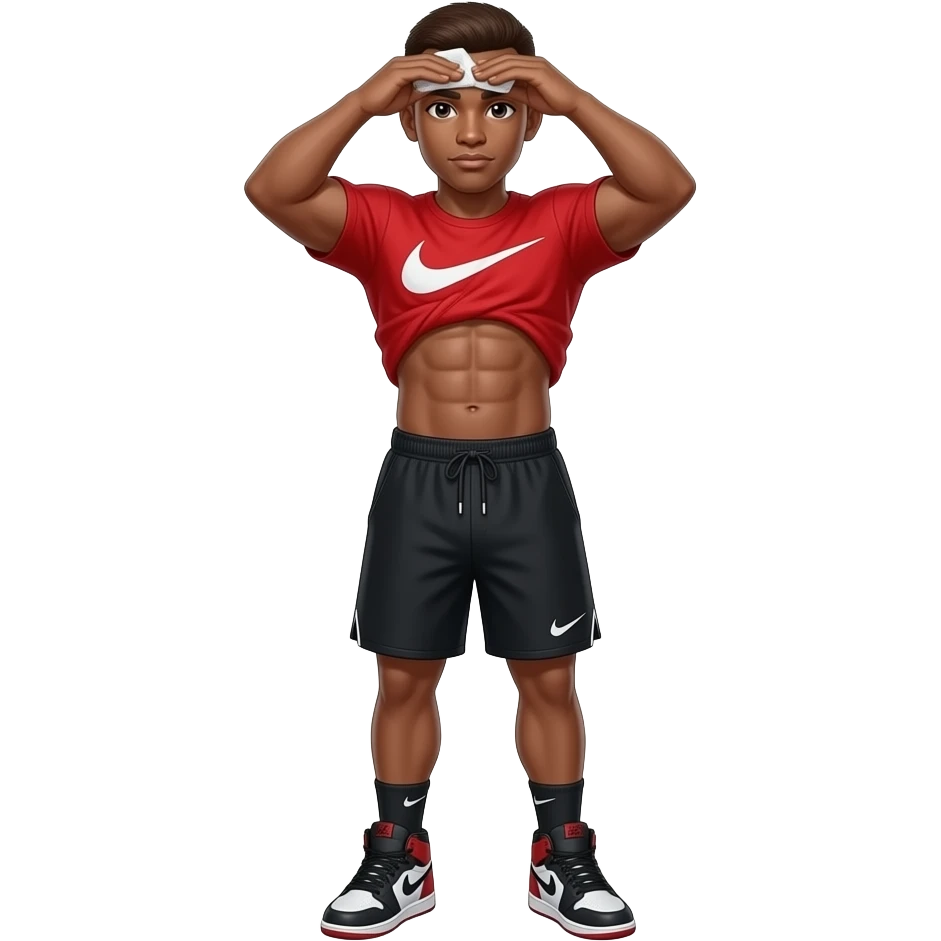 make me a 22 year old brown skin colored man with a thick brown low taper fade with a red nike shirt with black nike shorts and jordan 4 shoes with nike socks wiping his sweat on his forehead with his red shirt with 2 hands and you can see abs and he has good muscles emoji