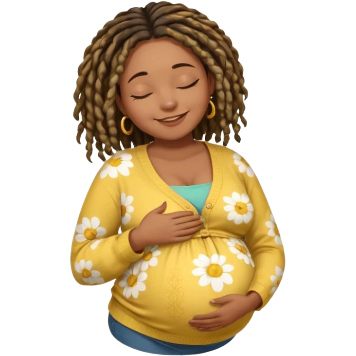 pregnant black woman with dread lock hair happily touching her big belly while wearing casual shirt and yellow warm  flowery cardigan closing her eyes and smile wamrly emoji