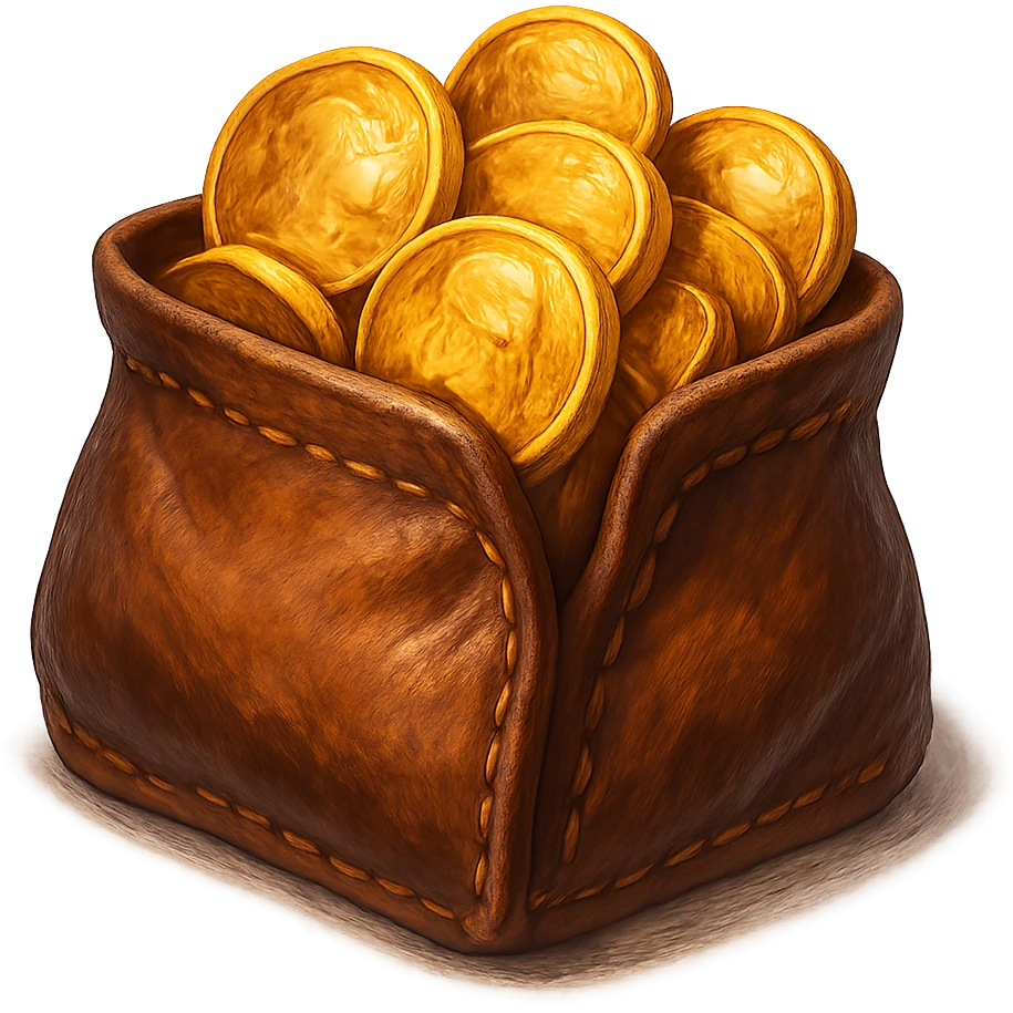 В cлегка рисованной, но при этом объемной и яркой стилистике сгенерируй картинку кожаного кошелька, из которого торчат натуральные фотореалистичные золотые монеты. Они должны выглядеть не как пластмассовые, а как настоящее золото. Прозрачный фон emoji