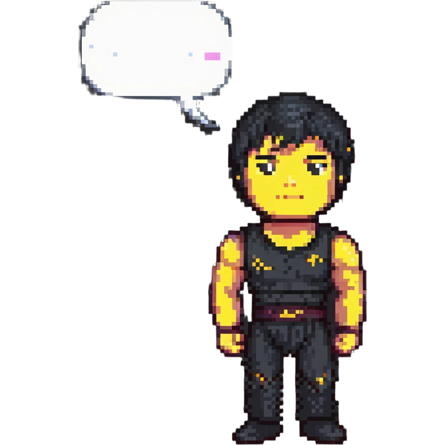 Bruce Lee in pixel art style, calm and wise, with a speech bubble containing a philosophical saying emoji
