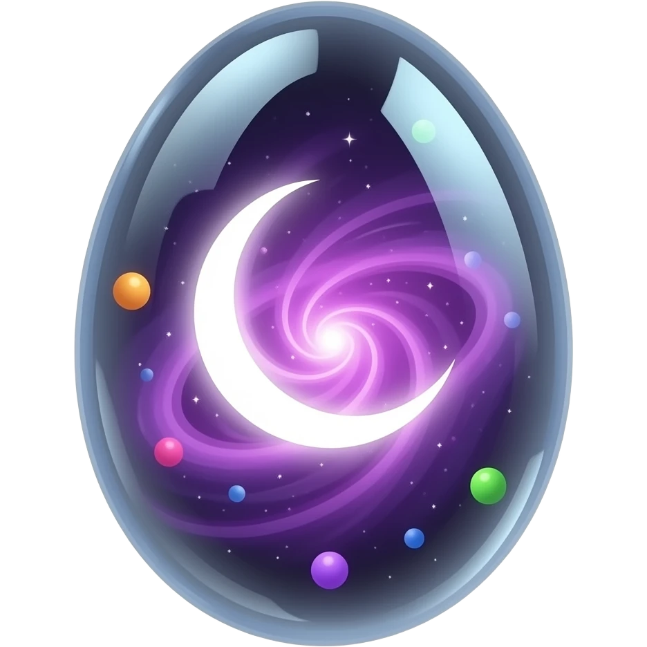 transparent glowing cosmic egg with no visible shell, fully see‑through, containing a swirling purple‑pink nebula and a luminous crecent moon, floating multicolored light orbs inside, isolated object, transparent background emoji