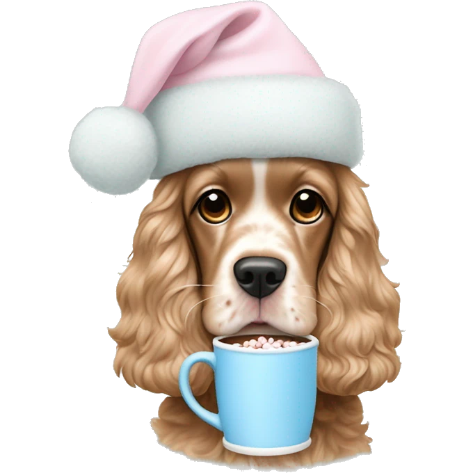 cocker spaniel in a soft pink christmas hat sipping hot cocoa in a baby blue mug with marshmallows  emoji