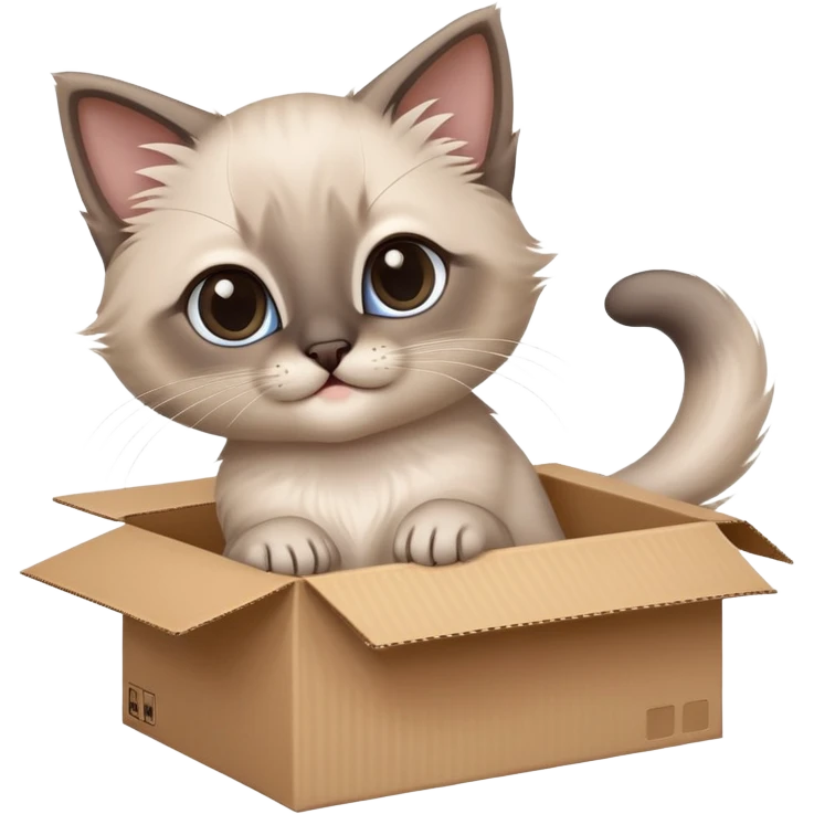  A very cute gery young happy kitten long hair Siamese Cat cat with one's head tilted to one side poked its paws out of the cardboard big box and placed them on top of it emoji