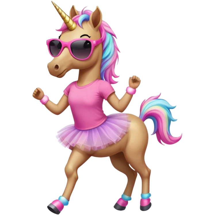 friendly anthropomorphised female unicorn with horse-like face, in tutu and pink t-shirt, wearing dark sunglasses, jogging upright in standard pose emoji