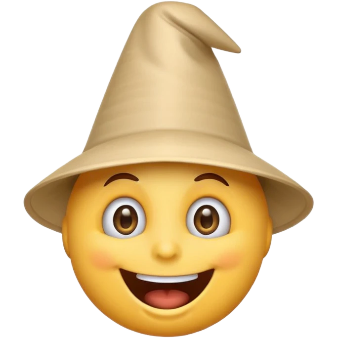 A crazy, laughing emoji with a funnel hat on its head. Exaggerated wide smile, big expressive eyes, playful and silly expression. Cartoon style, clean lines, bright colors, simple background, emoji-style illustration, high quality, centered composition emoji