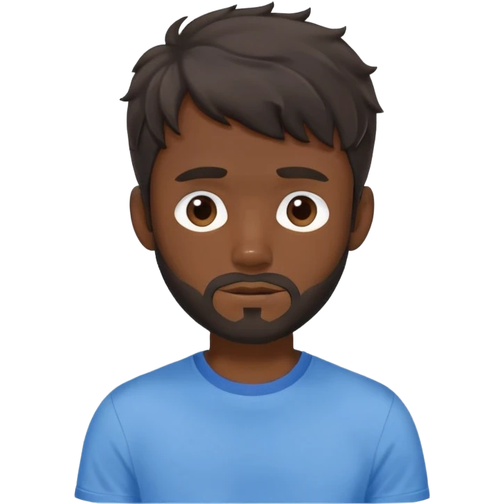 Man with longer dark brown wavy hair past ears with wavy bangs, short beard covering whole face, neutral expression, basic blue t-shirt emoji