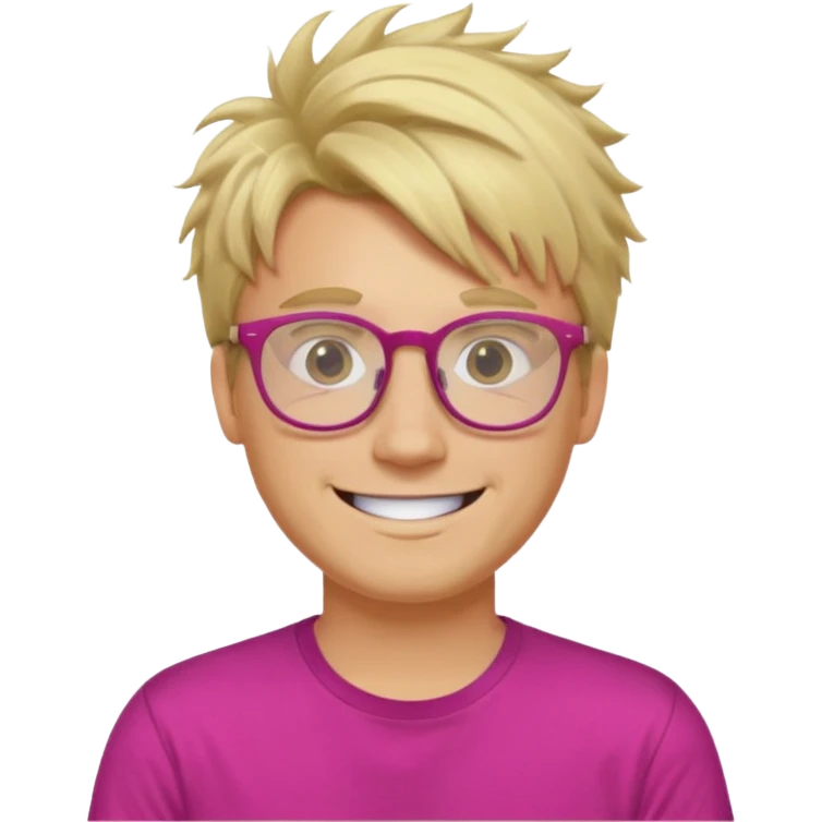 A blond guy with messy hair is smiling. He wear glasses and a fushia T-shirt emoji