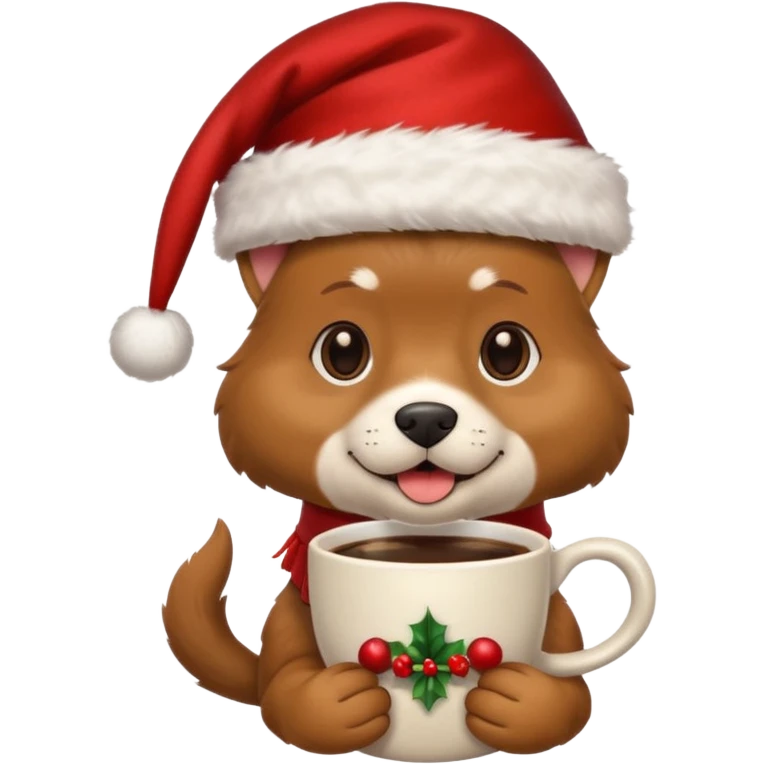 Un perro con un sombrero de Navidad que tenga una taza de café en la mano emoji