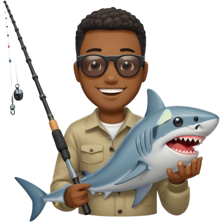 Black man excitedly catching a shark with a fishing rod, emoji style emoji