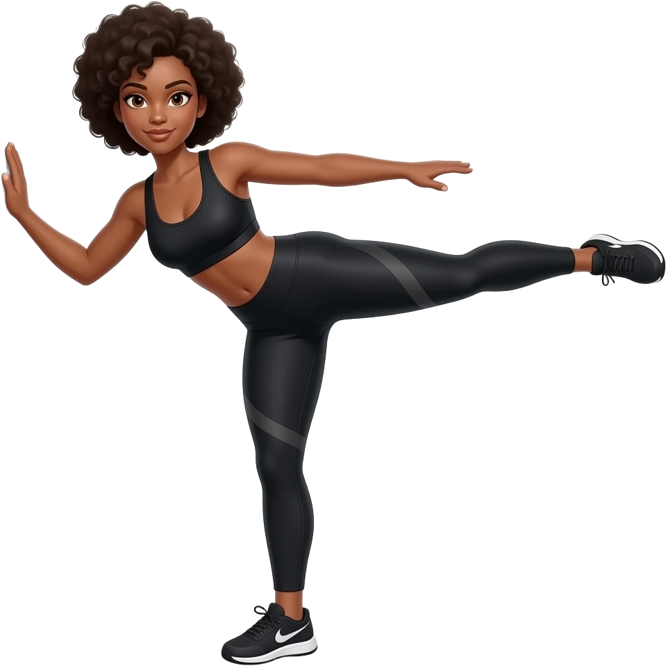 Light-brown Black woman, afro hair, wearing black sports bra and leggings, performing  , full body, toned glutes and legs, strong posture, realistic fitness style, clean background, soft lighting. 
SHE PLACED HER HANDS ON THE WALL WHILE STANDING DOIMG KICKBACK WITH HER LEGS SHE STANDING STRAIGHT emoji