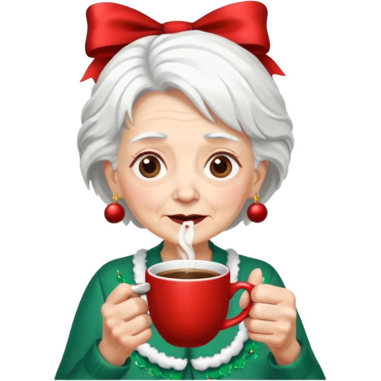 Old lady with crazy hair and christmas bow drinking coffee emoji