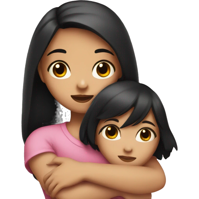 Girl hugging a heart, the girl has black hair, black eyes and is light-skinned emoji