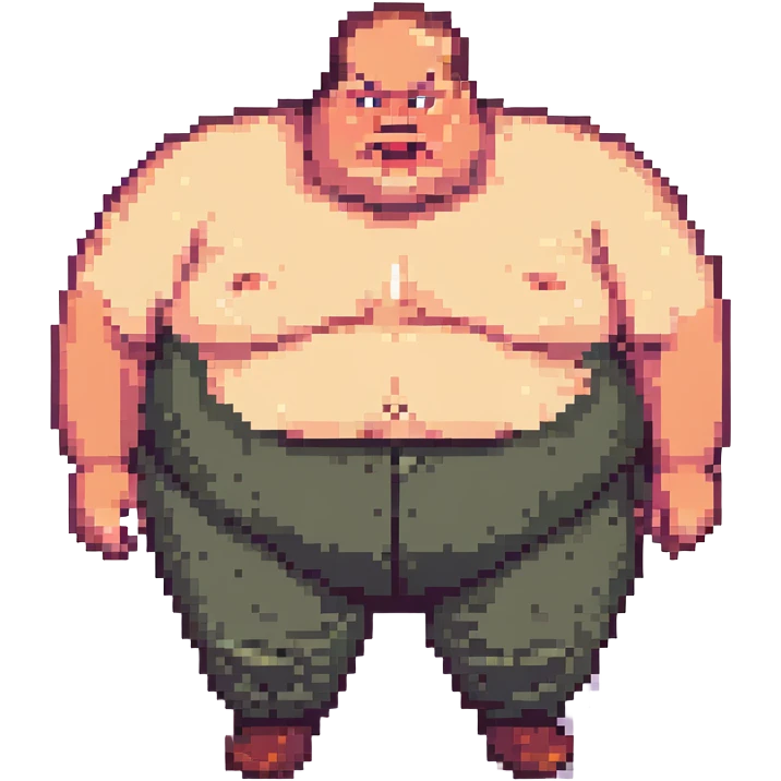 Make the fat man drool all over the ground in pixel art style, keeping the same look as the original image. emoji