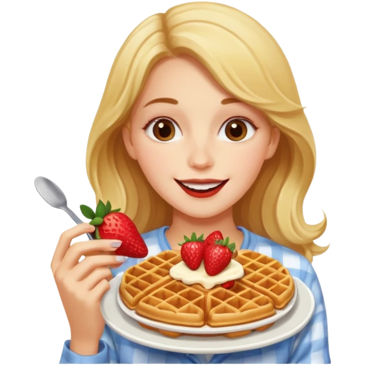 mujer comiendo wafles con frutilla emoji