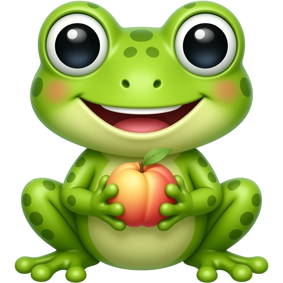 Frog & Peach Pub: 3D emoji style, glossy surface, soft shadows, white background, centered, no text, cute frog character, big expressive eyes, holding a tiny peach, happy grin, bright green, no defined gender emoji