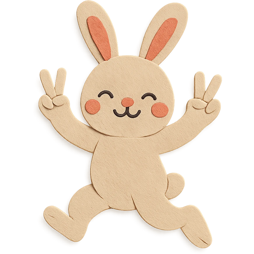 beige bunny jumping and making peace signs, paper craft style, textured paper look emoji