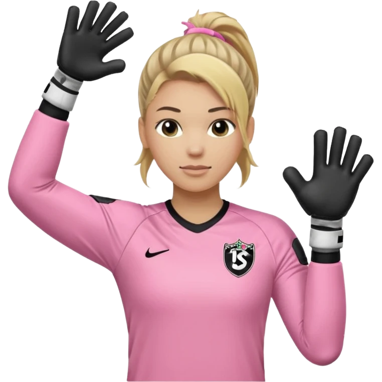 Make a dirty blonde football goalkeeper with goalkeeper gloves on. light skinned and wearing a light pink football kit. Wearing one ponytail on back of head. Make it without the whole body. With full sleeves. No RUGBY BALL JUST BLACK AND WHITE BALL. Holding ball under armpit. Other hand hanging down emoji