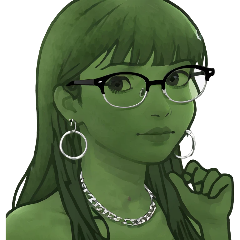 white girl with long black hair and bangs and black glasses and silver hoop earings and black outfits with of silver jewellery  emoji