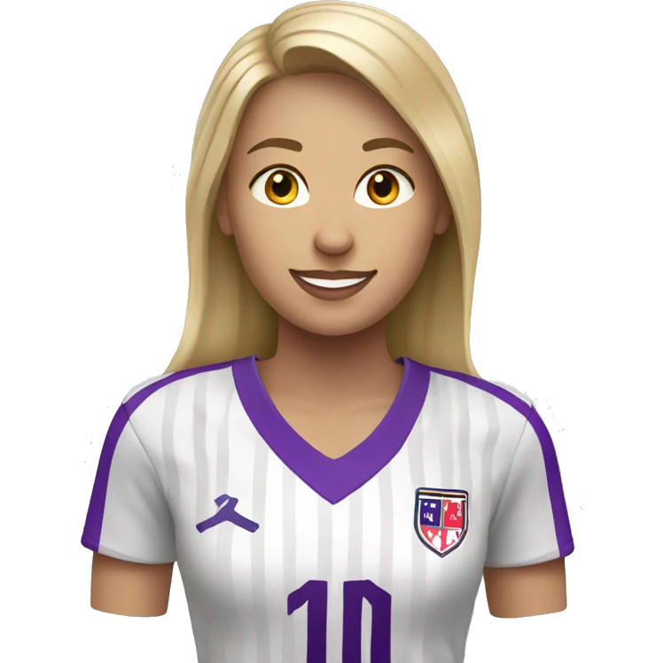 a blonde woman in white soccer jersey with purple pinstripes emoji