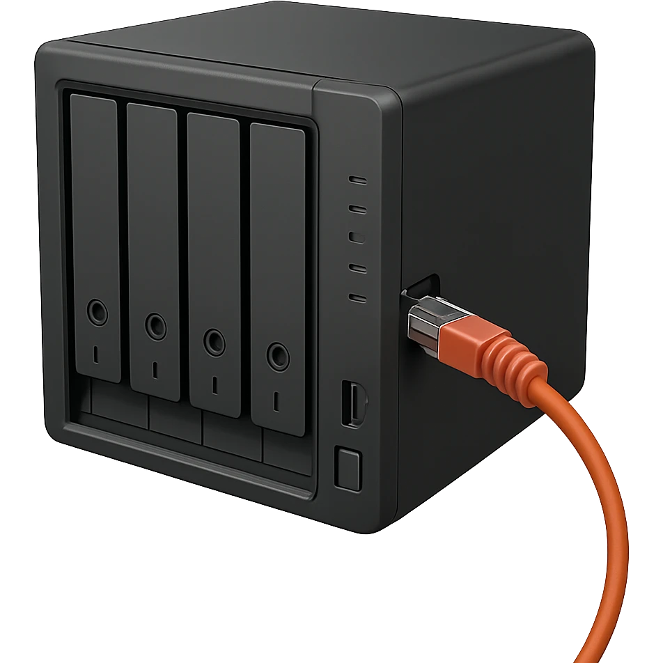a generic NAS device with a network cable plugged in, simple and recognizable, not branded emoji