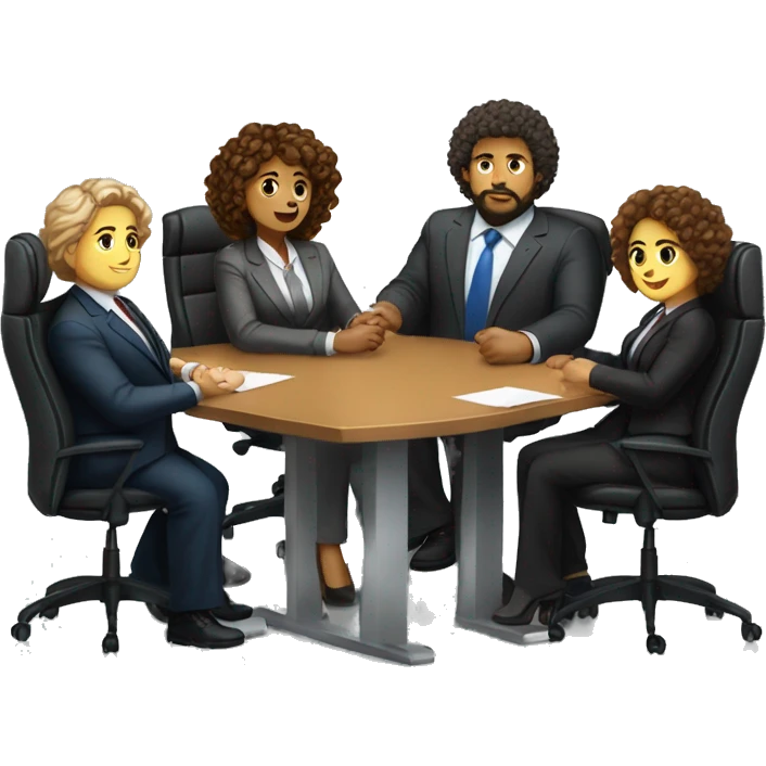 work meeting table 3 men and 4 women sitting on a table wearing suits the women have curly hair and one of the men is fat with a beard and of them is tanned with curly hair emoji