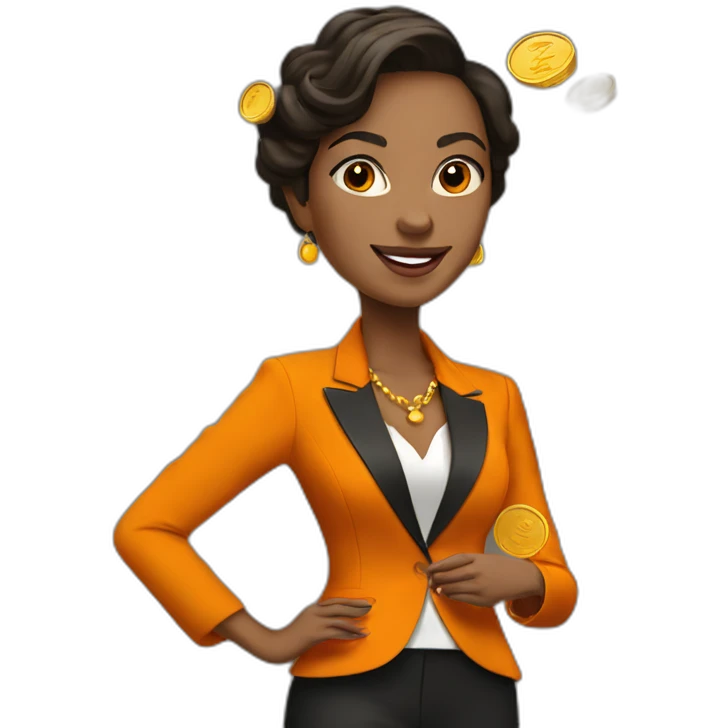 Posh-woman-with-orange-suit-holding-golden-coins emoji