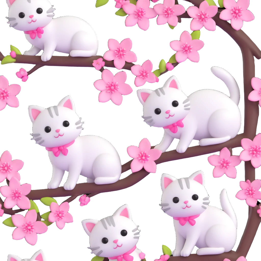 3D iOS-style kawaii cherry blossom branch with pink flowers and cute white cats, smooth textures, cheerful bright look emoji