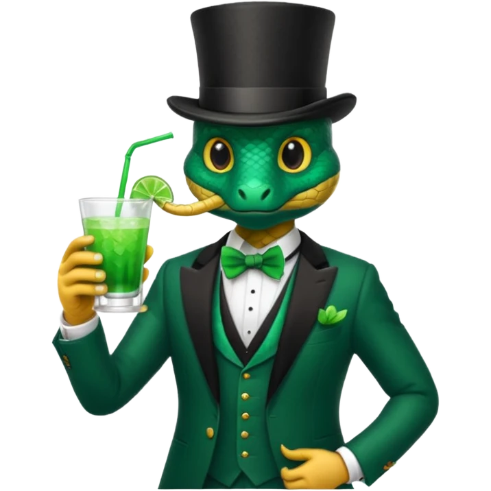 snake wearing suit, bowtie and top hat, holding a glass of green drink emoji
