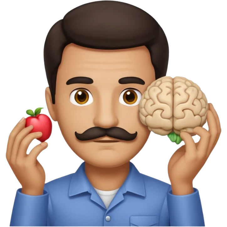 mustachioed man with dark hair holding a brain as an emoji emoji