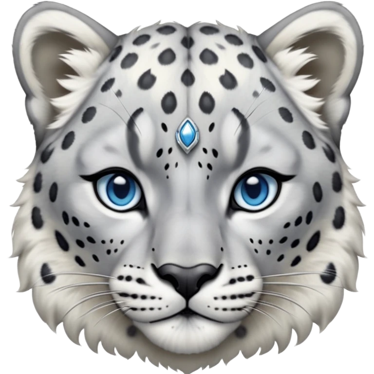Cinematic-Noble-Snow-Leopard-Portrait-Emoji – Poised and majestic, with a muscular, agile build and a beautifully patterned coat of soft white and grey fur, marked with striking rosettes, deep-set, intelligent icy blue eyes, simplified yet sharp and sophisticated zoomed out showing the shoulders emoji