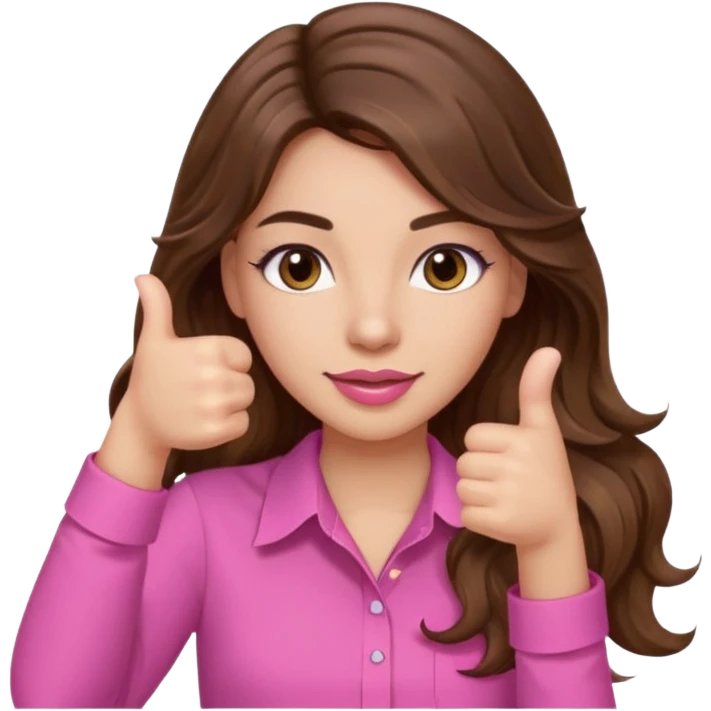 girl with long wavy brown hair, brown eyes, light to medium complexion, in a pink shirt, pink lips, long lashes, thumbs up emoji