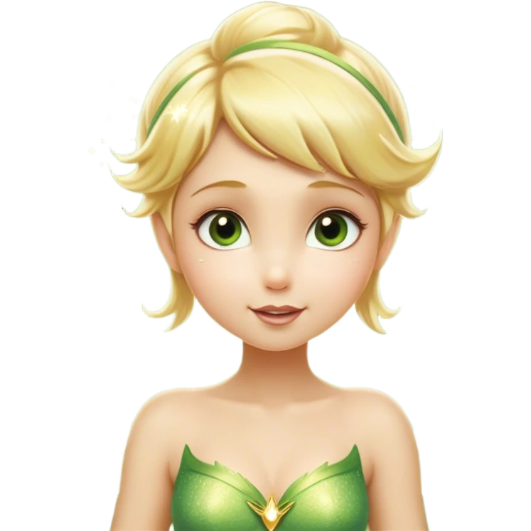Cinematic Realistic Blonde Tinker Bell Fairy Portrait, head tilted playfully and inquisitively, showcasing a delicate pixie form with finely detailed, golden blonde hair and softly glowing, translucent wings that catch the light with a cascade of fairy dust. Her bright, curious eyes sparkle with mischief and wonder, rendered with lifelike clarity and warm, gentle lighting that captures the essence of a spirited, charming fairy ready to flutter playfully into your heart. emoji
