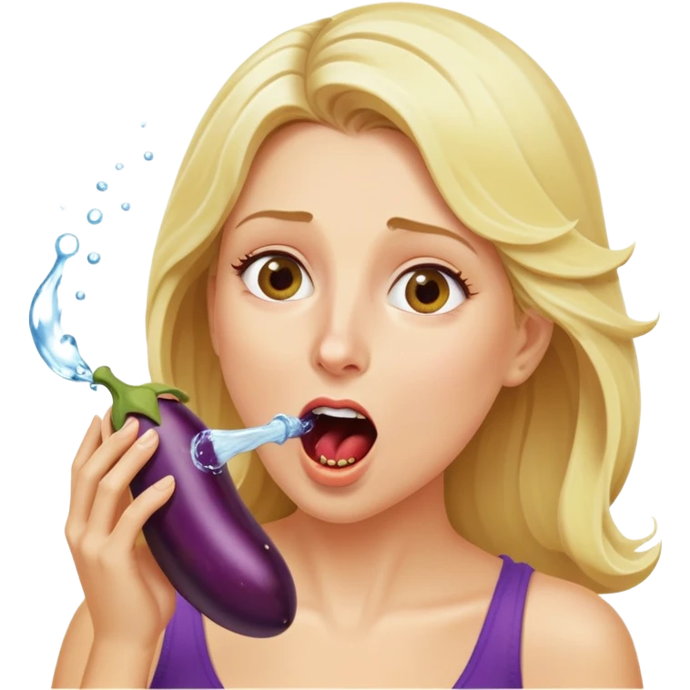 blond woman biting an aubergine, water jet shooting from the eggplant into her mouth, surprised look emoji