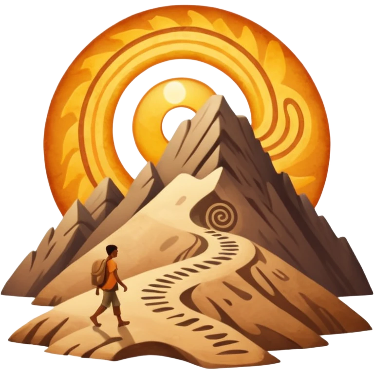 
una mezcla de sol + montaña + caminante estilo petroglifo con un espiral tipo energía ancestral emoji