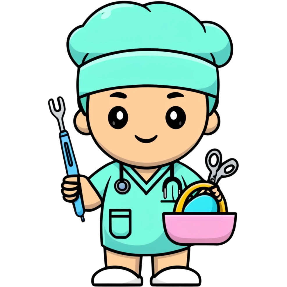 plastic surgeon in pastel scrubs with Easter basket and surgical tools emoji
