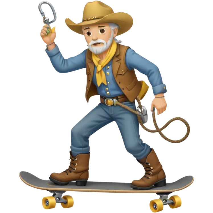 grizzled old cowboy on skateboard, lasso in hand, yellow face, boots and spurs, android emoji style emoji