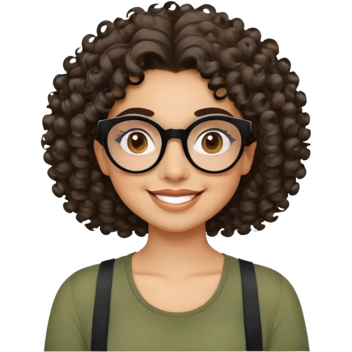 Young Latina with light brown skin. Cheerful round face. Brown eyes behind black glasses. Thick natural eyebrows. Curly hair reaching shoulders, voluminous with defined curls. Big smile showing dimples. Wearing olive green shirt with wide straps. emoji