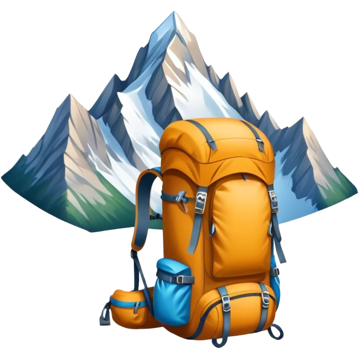 Icon for Mountain Tourism and Climbing: a mountain peak in the background, climbing gear and backpack. The icon should capture the adventure and challenge of alpine exploration. Transparent background. emoji