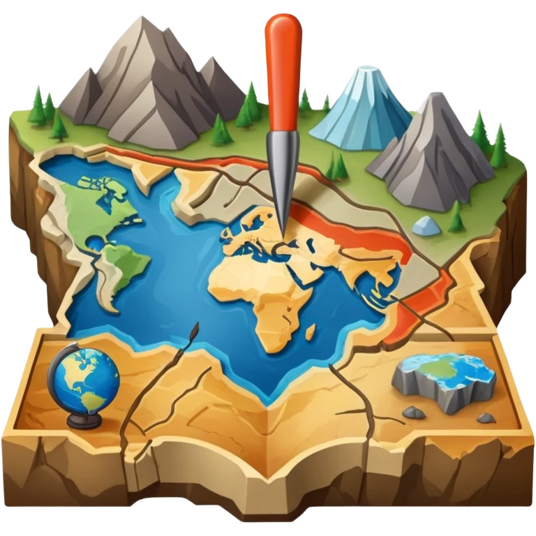 An icon featuring a crowbar and a geological map, and layers of Earth’s crust, symbolizing geology. The design includes mineral samples, fossils, and tectonic plates, representing the study of Earth’s structure and natural processes. Transparent background highlights geological exploration emoji