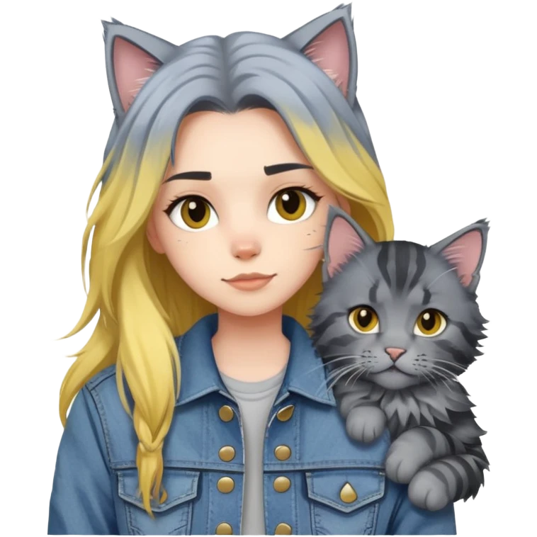 girl with black and yellow hair wearing denim jacket with gray maine coon cat emoji