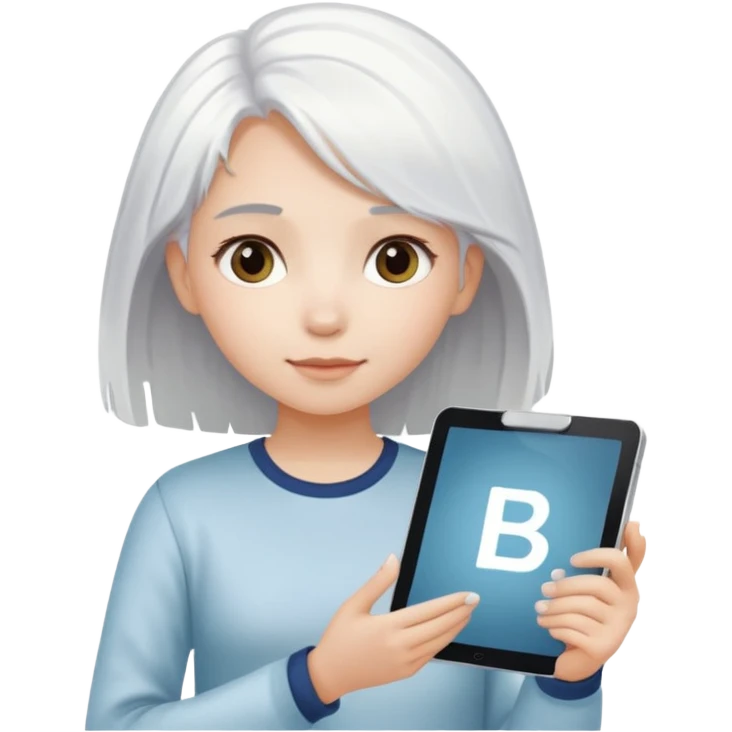 A young white hair girl, with a gradient in the hair. She holds a tablet is in your hands. The word "ВАЖНО" is on the sign  emoji