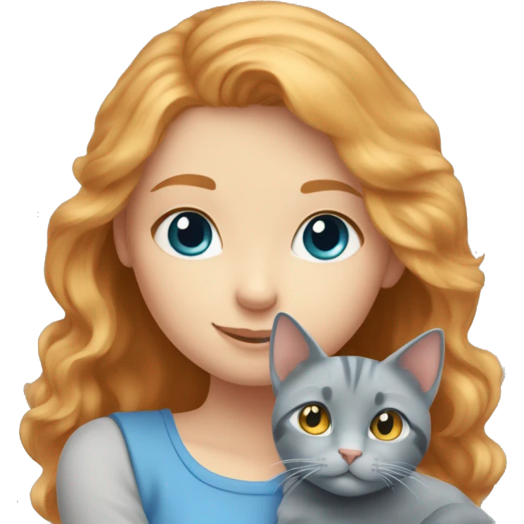 strawberry blonde girl with blue eyes cuddling grey cat emoji