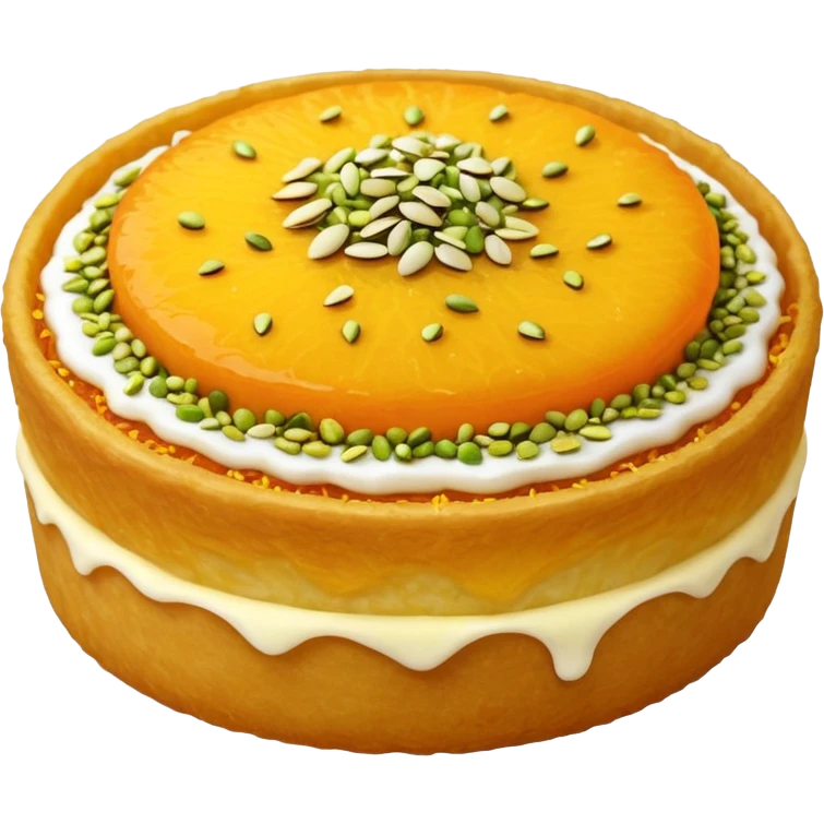 A small round emoji of traditional kanafeh with golden-orange crispy threads, a gooey white cheese center, and a light sprinkle of green pistachios. Warm and delicious-looking. emoji