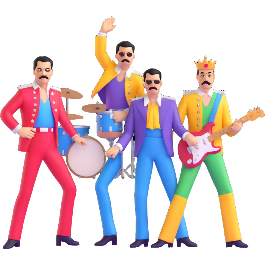 Freddie Mercury with Queen band members in colorful outfits emoji