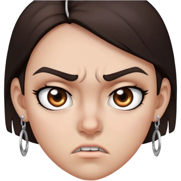 angry girl with dark brown hair below shoulders, grey eyes, earring on right side of nose, pierced ears emoji