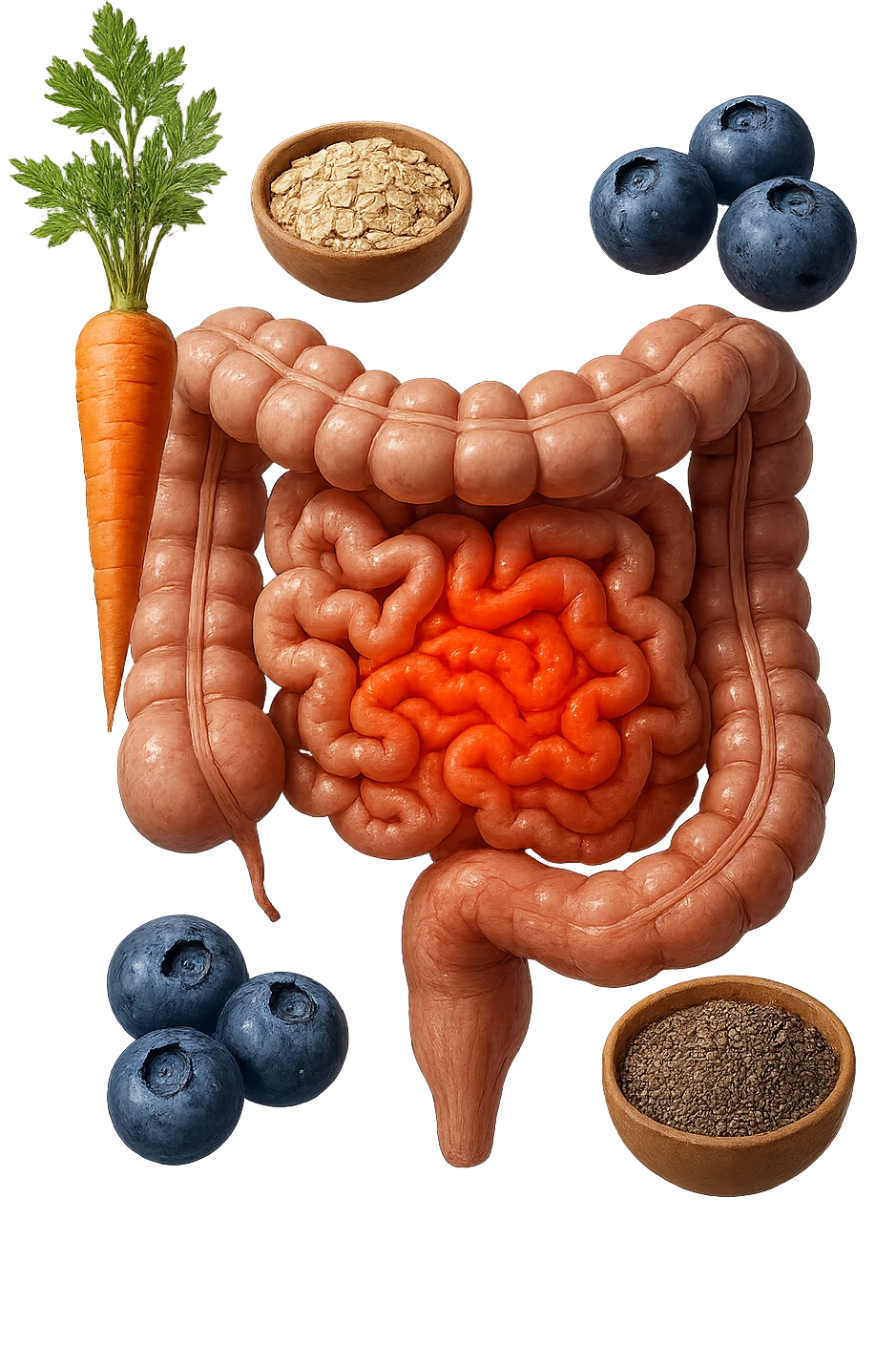 intestino umano anatomico infiammato al centro con carota, bowl di avena, mirtilli, bowl di semi di chia che gli fluttuano intorno , iperrealistico 4k emoji