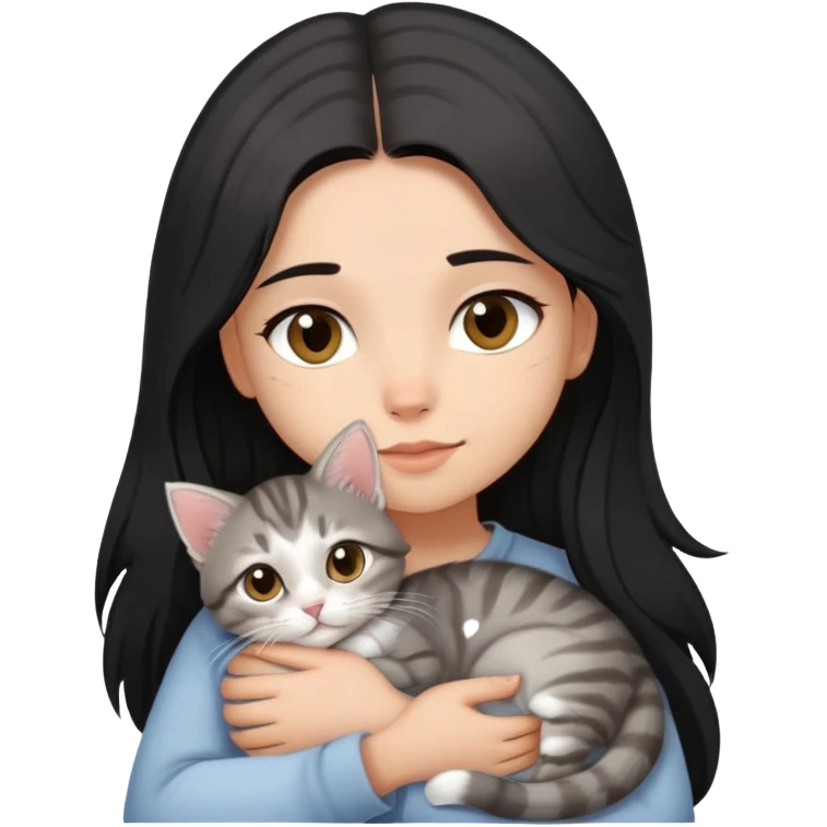  girl with black long hair, light-medium skin, brown eyes snuggling light grey tabby kitten emoji