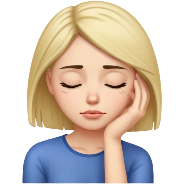Exhausted woman with head resting on palm, looking sleepy emoji